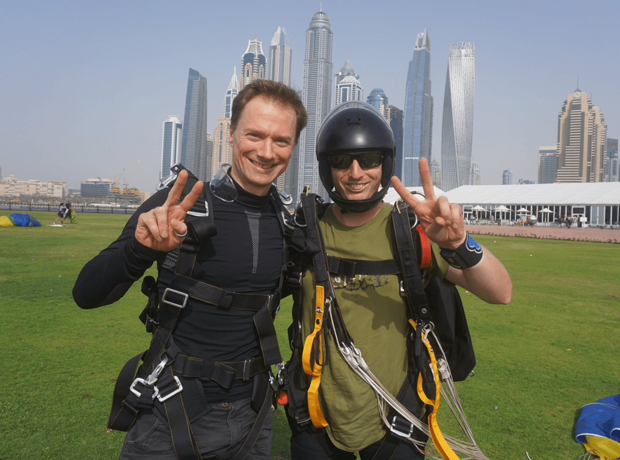 Klaus after landing from a skydive