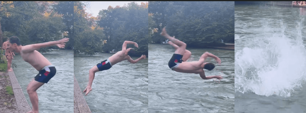 Klaus backflipping into water